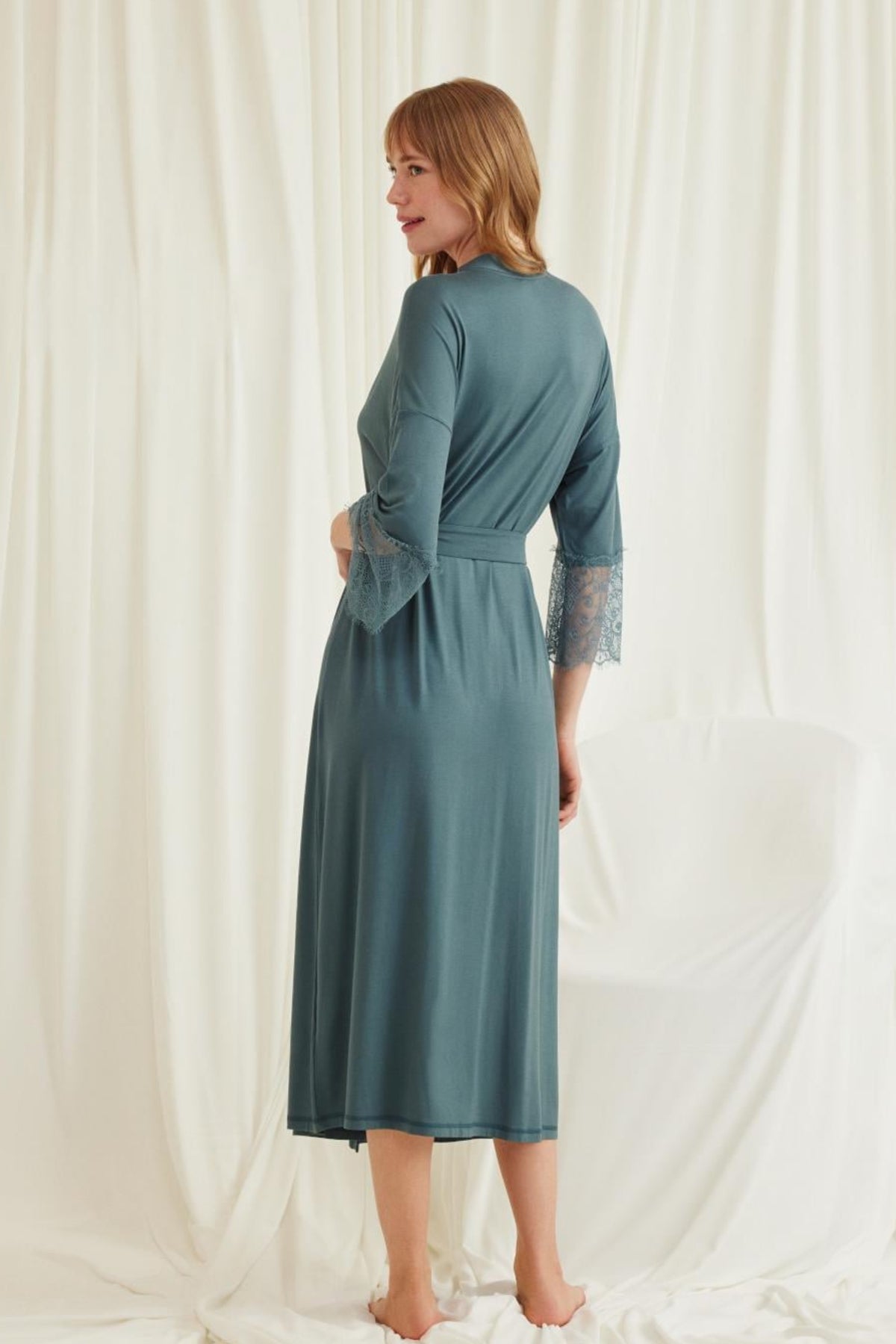 Lace Sleeve Soft Maternity Robe Green - E18546
