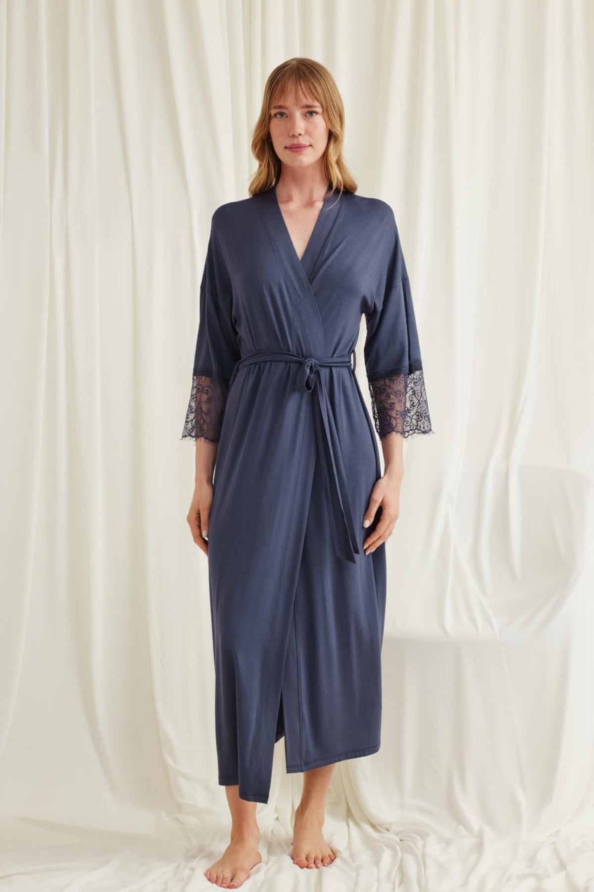 Lace Sleeve Soft Maternity Robe Navy Blue - E18549