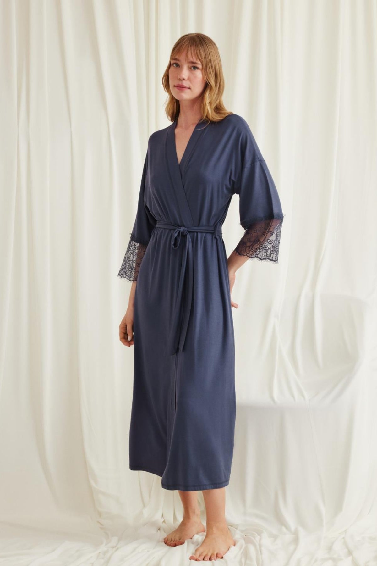 Lace Sleeve Soft Maternity Robe Navy Blue - E18549