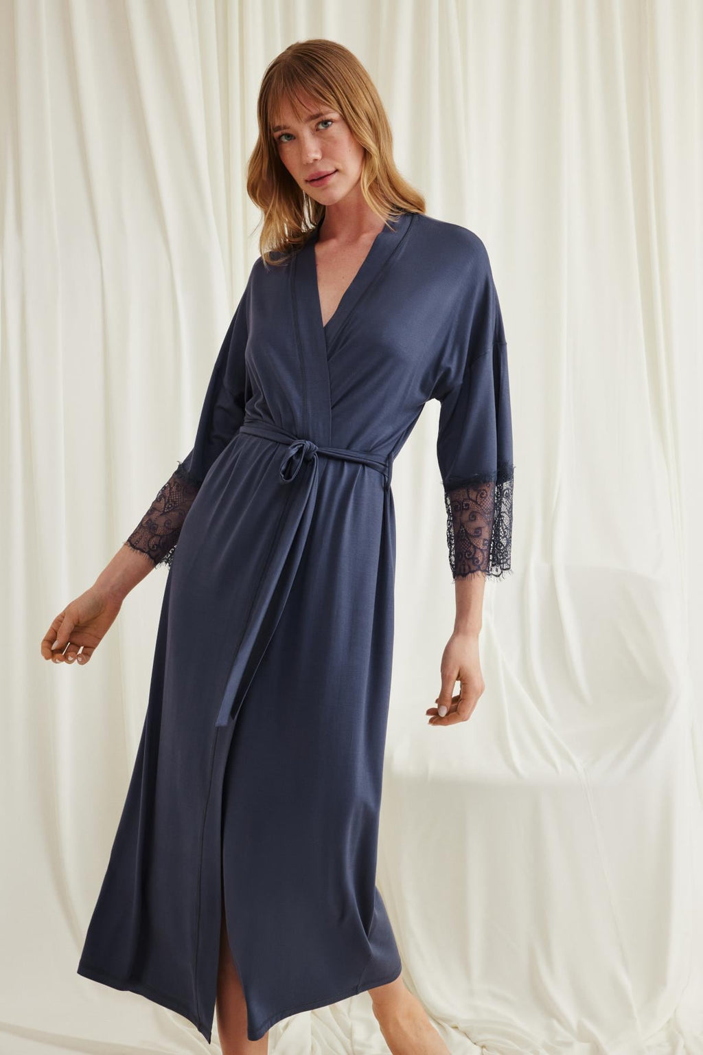 Lace Sleeve Soft Maternity Robe Navy Blue - E18549