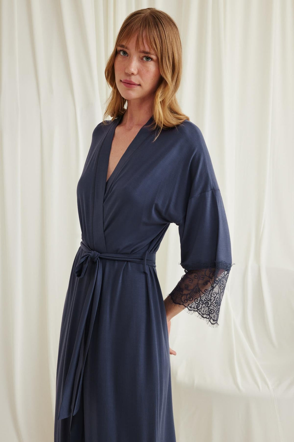 Lace Sleeve Soft Maternity Robe Navy Blue - E18549
