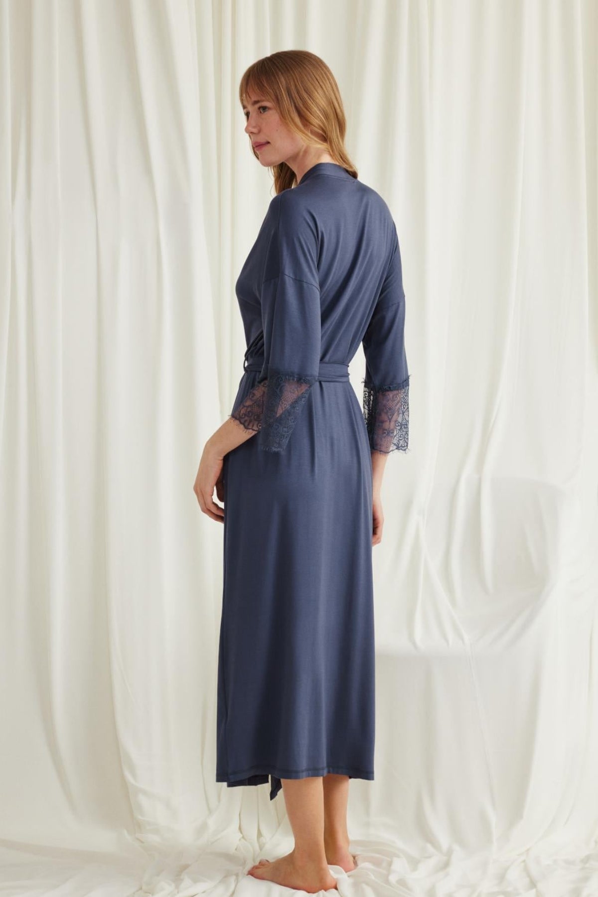 Lace Sleeve Soft Maternity Robe Navy Blue - E18549