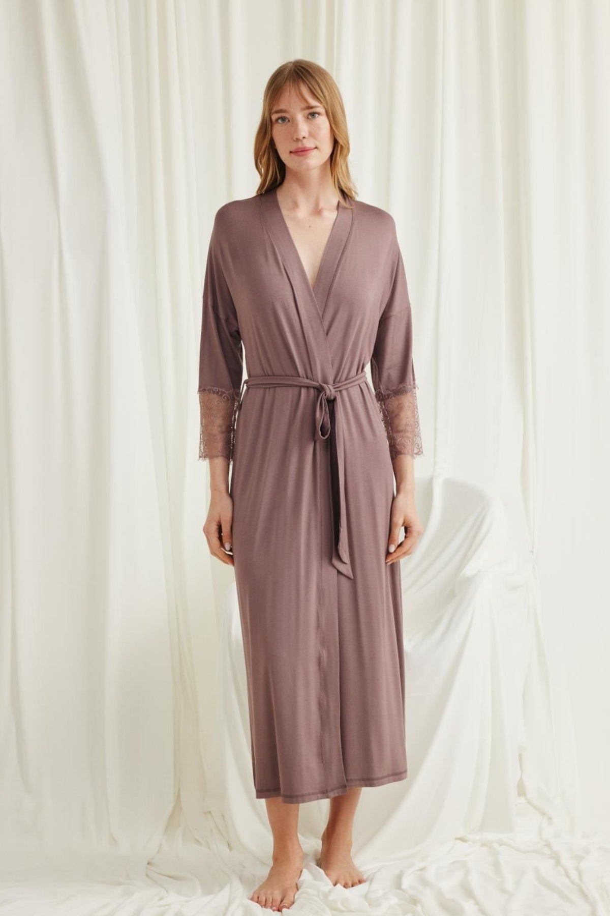 Lace Sleeve Soft Maternity Robe Coffee - E18552
