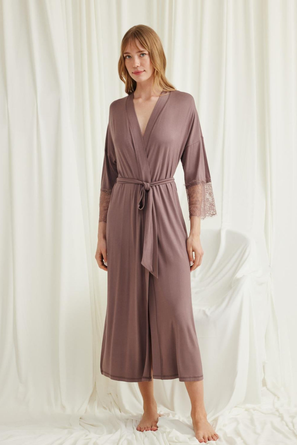 Lace Sleeve Soft Maternity Robe Coffee - E18552