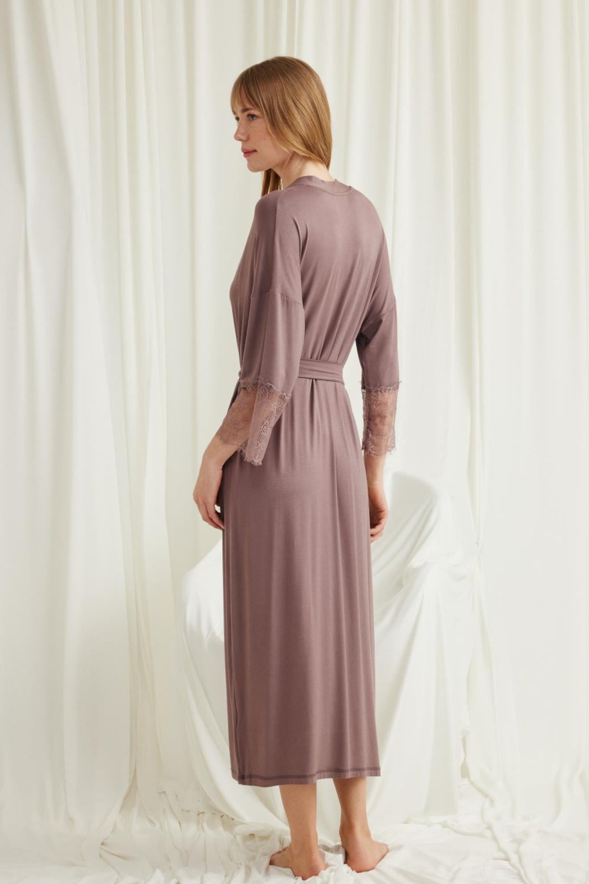 Lace Sleeve Soft Maternity Robe Coffee - E18552
