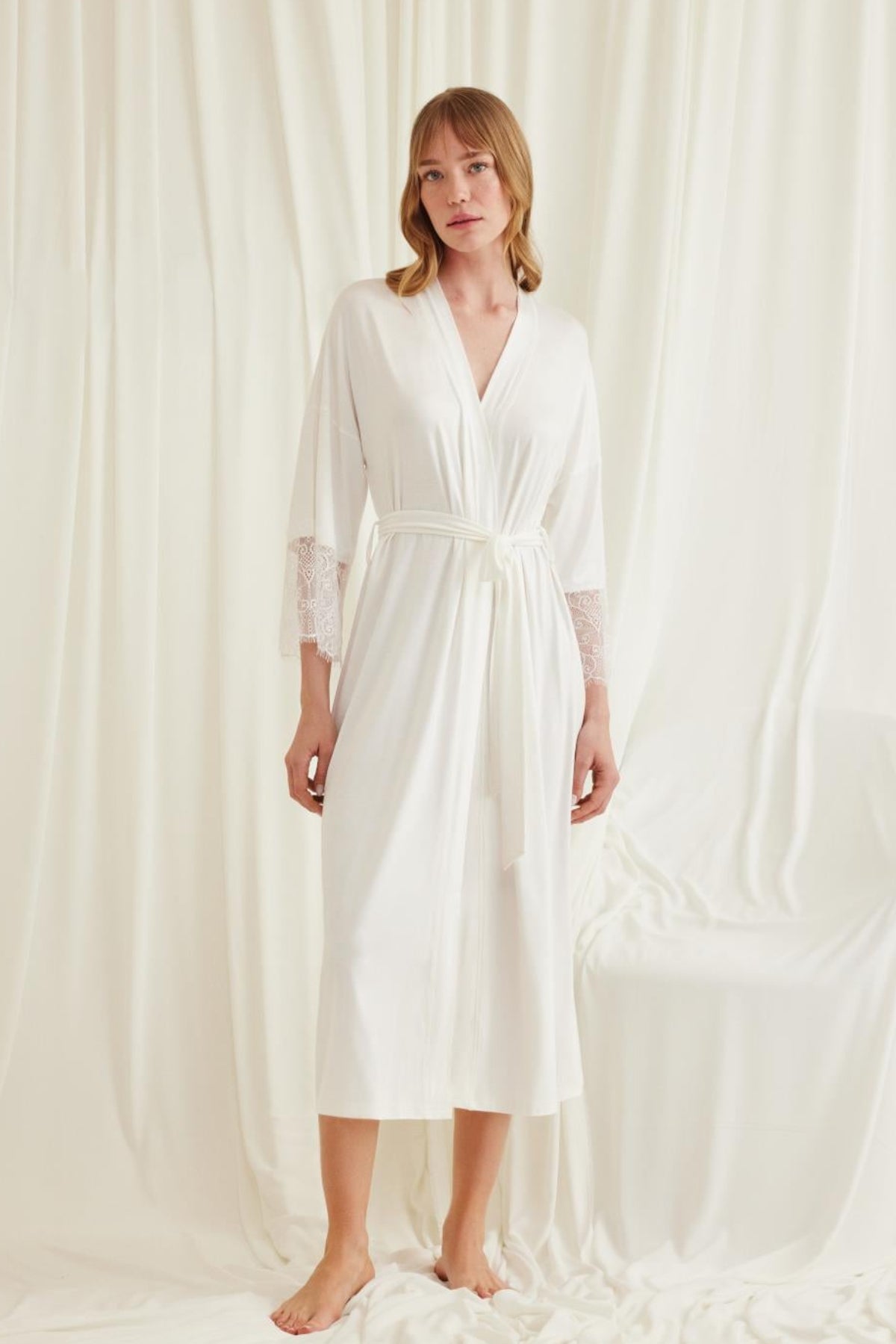 Lace Sleeve Soft Maternity Robe Ecru - E18553