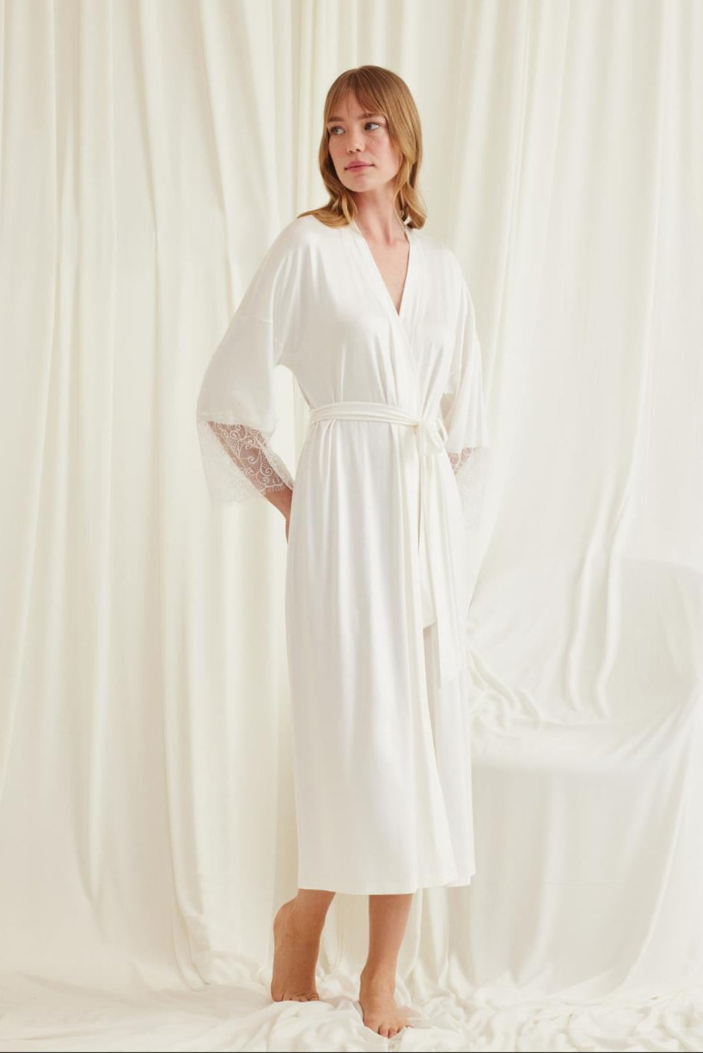 Lace Sleeve Soft Maternity Robe Ecru - E18553