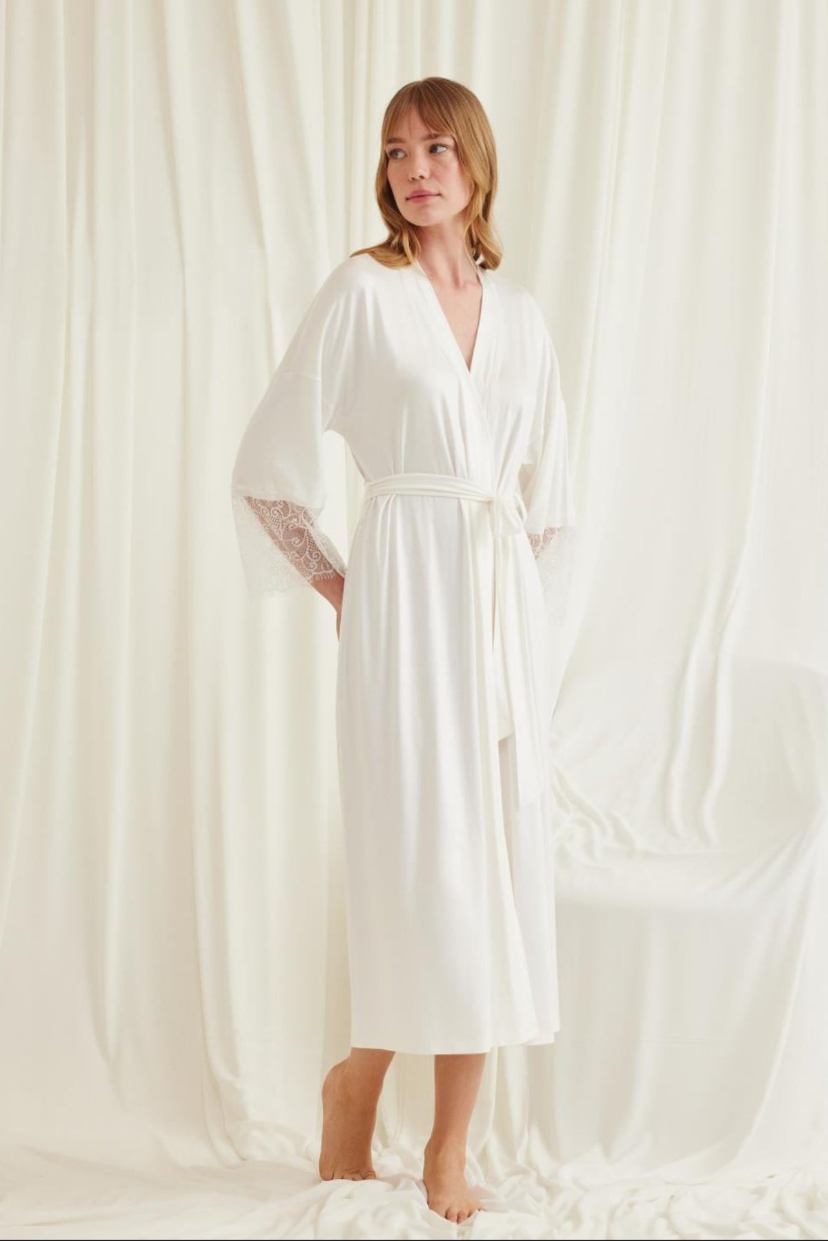 Lace Sleeve Soft Maternity Robe Ecru - E18553