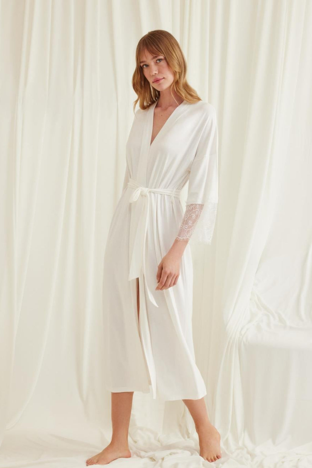 Lace Sleeve Soft Maternity Robe Ecru - E18553
