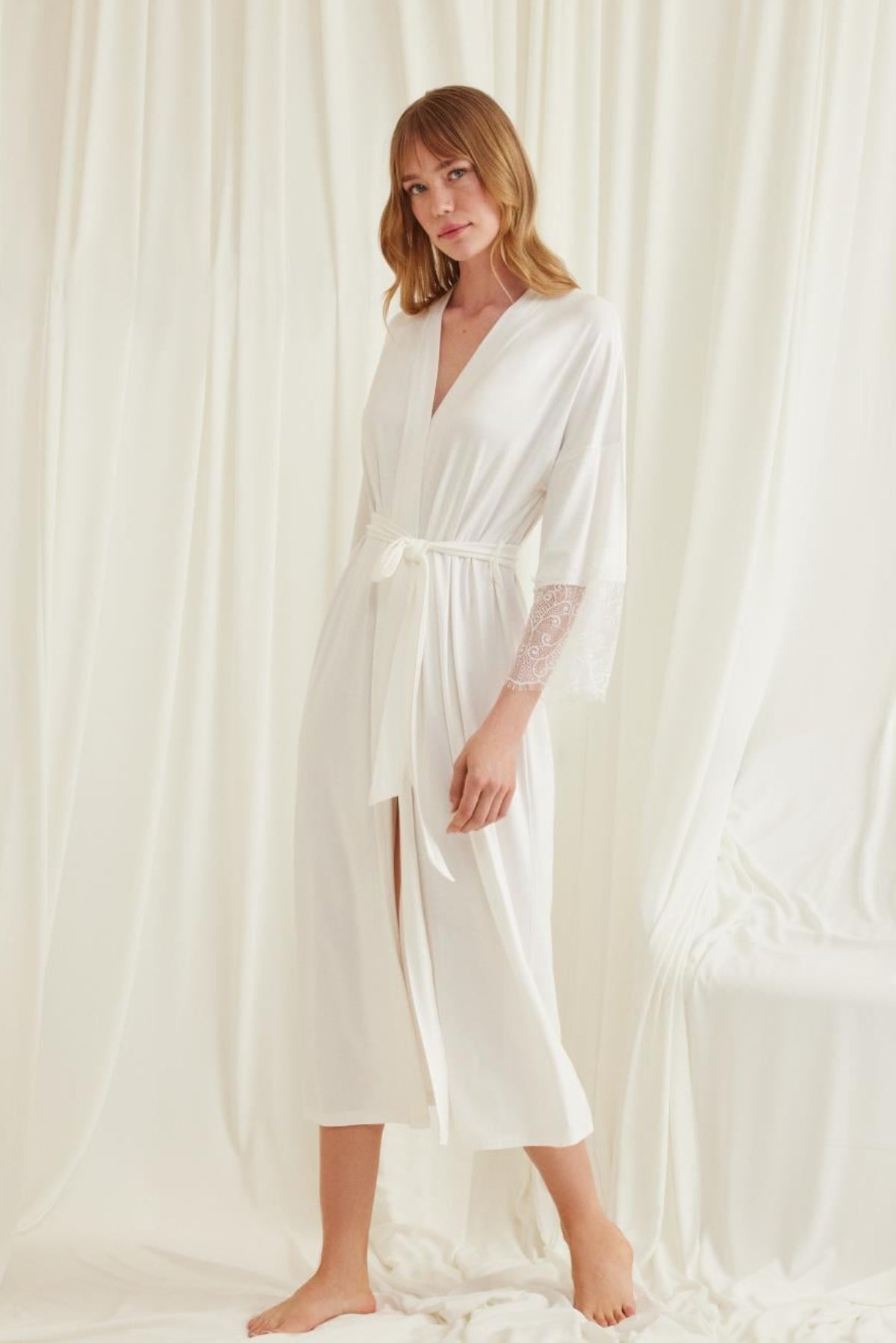 Lace Sleeve Soft Maternity Robe Ecru - E18553