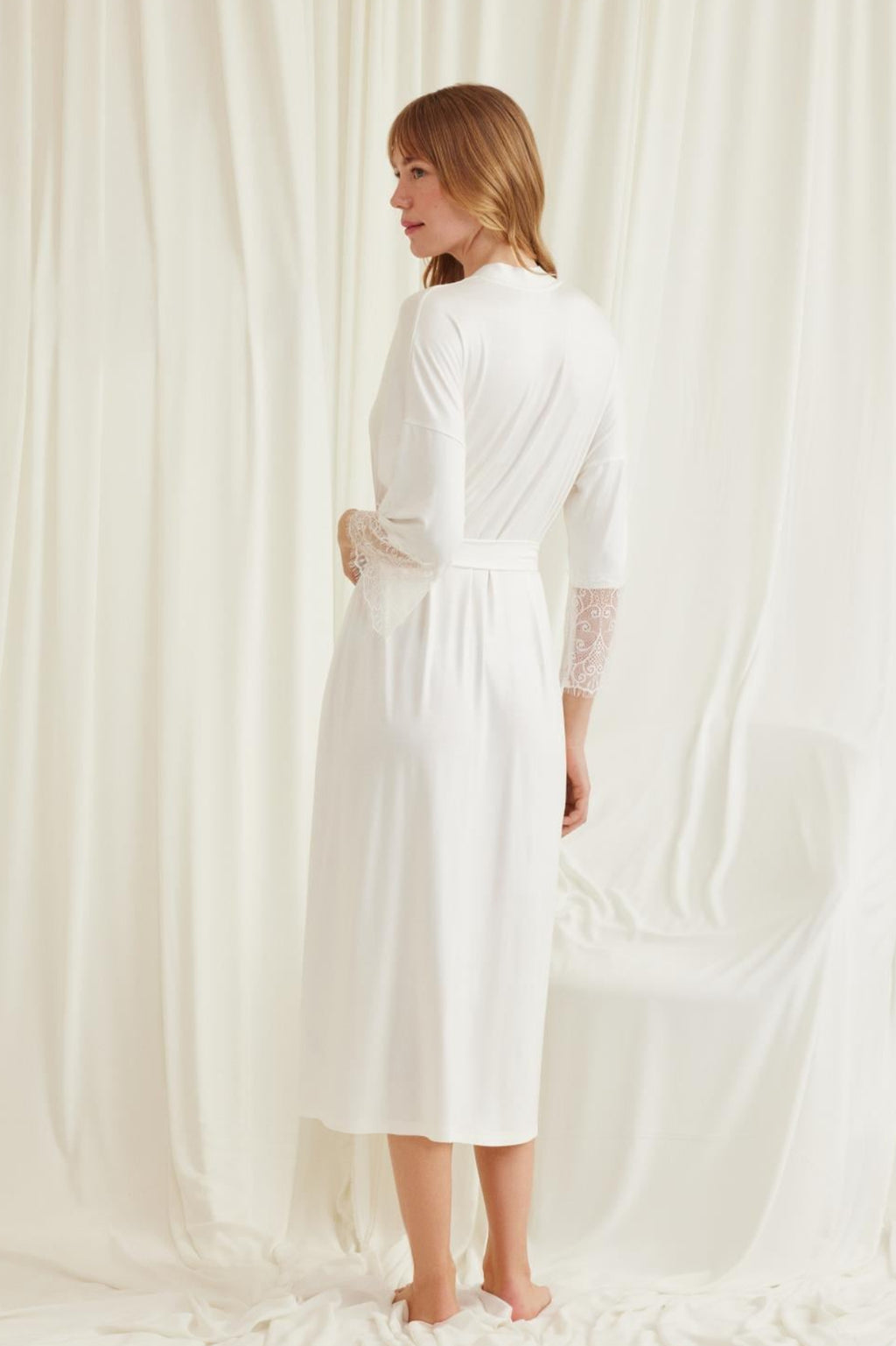 Lace Sleeve Soft Maternity Robe Ecru - E18553