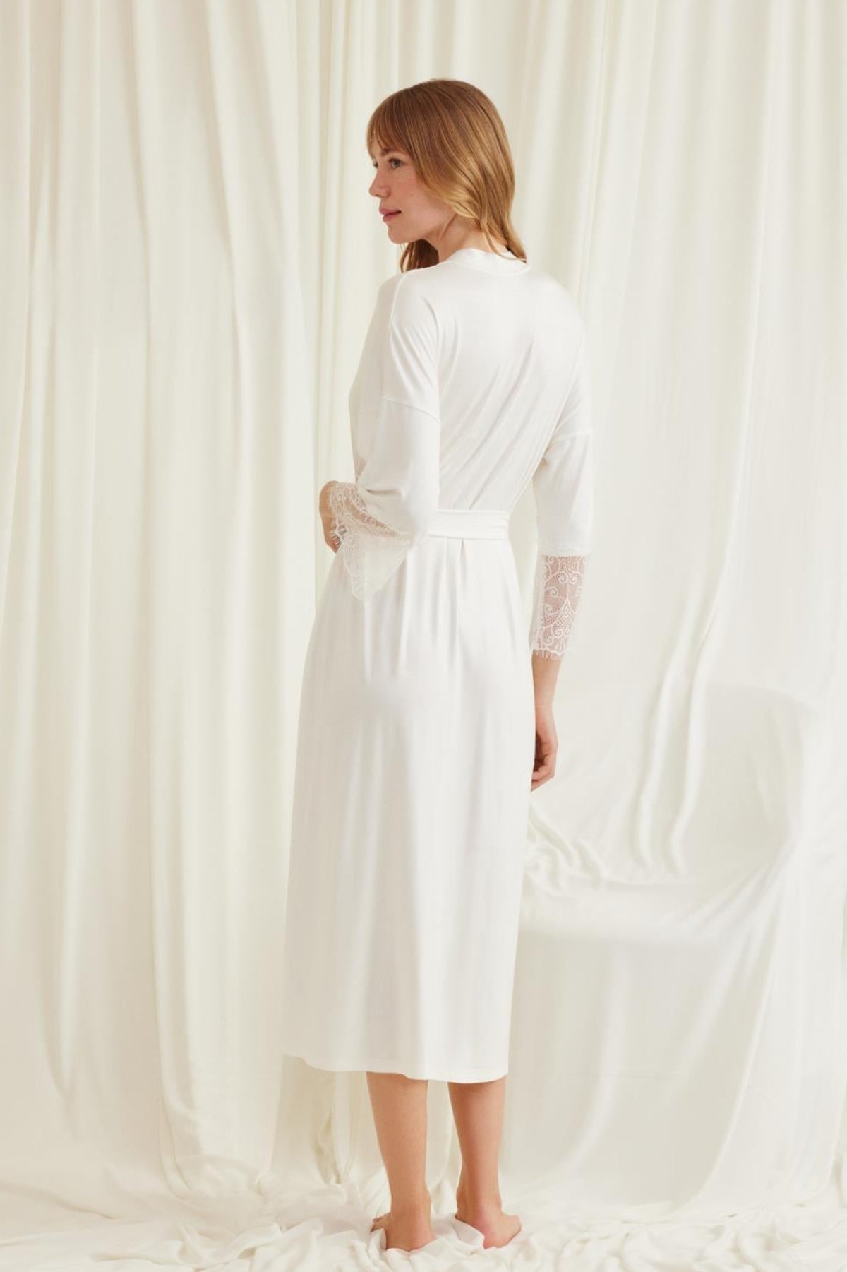 Lace Sleeve Soft Maternity Robe Ecru - E18553