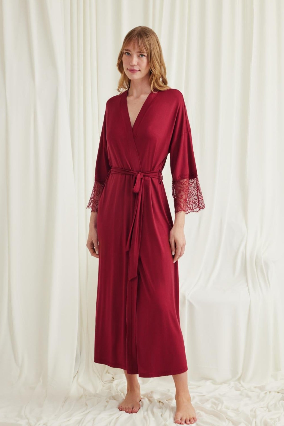 Lace Sleeve Soft Maternity Robe Red - E18554