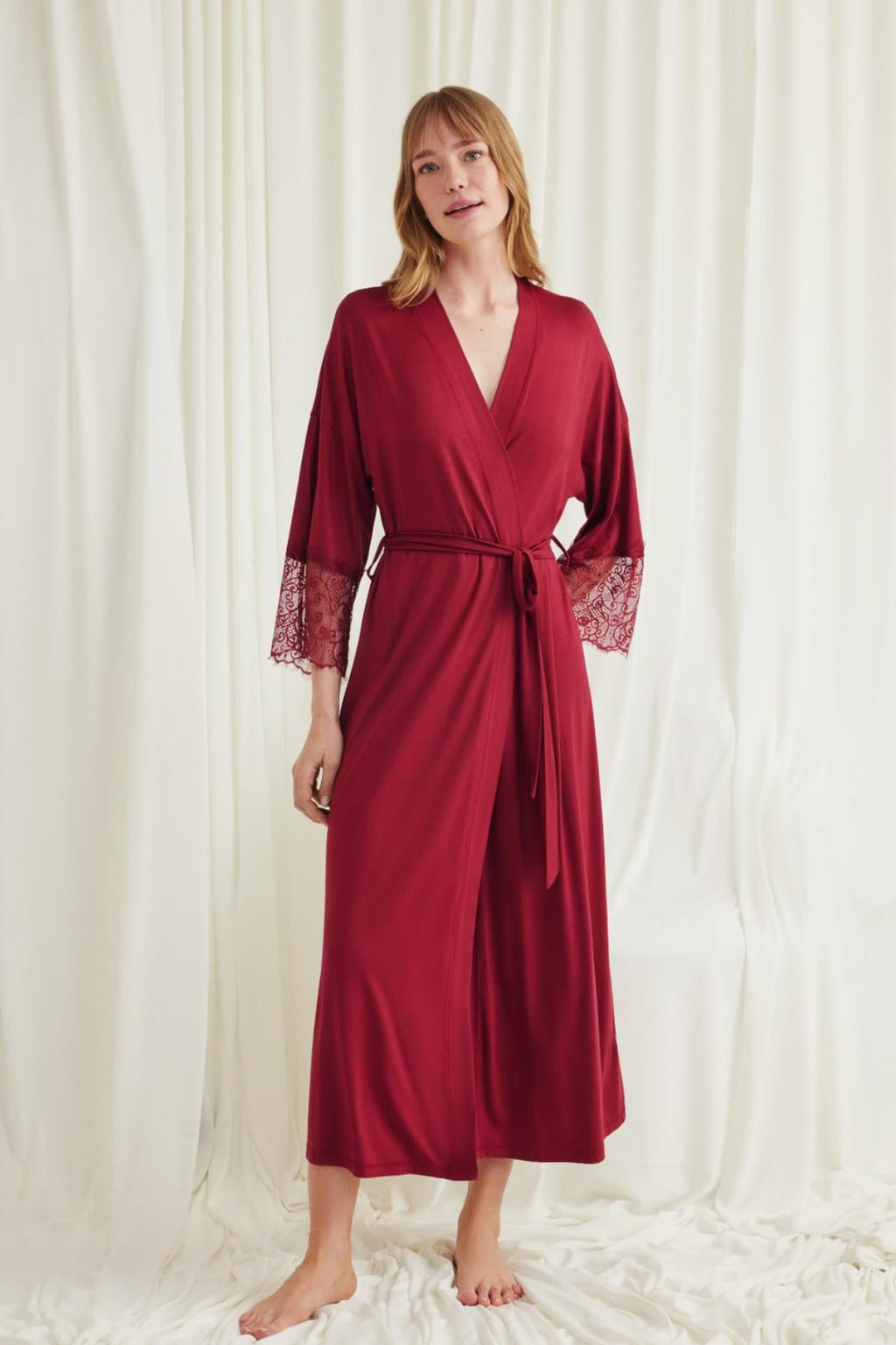 Lace Sleeve Soft Maternity Robe Red - E18554