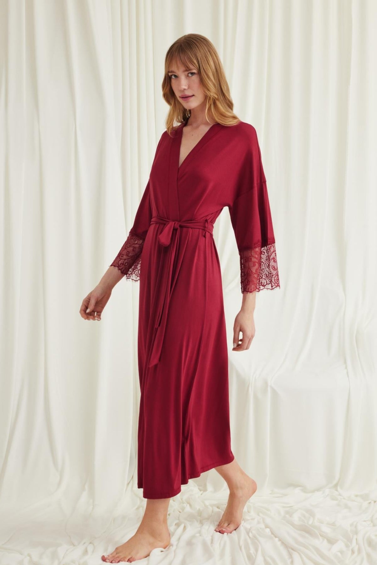 Lace Sleeve Soft Maternity Robe Red - E18554