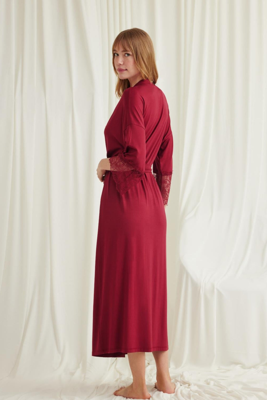 Lace Sleeve Soft Maternity Robe Red - E18554