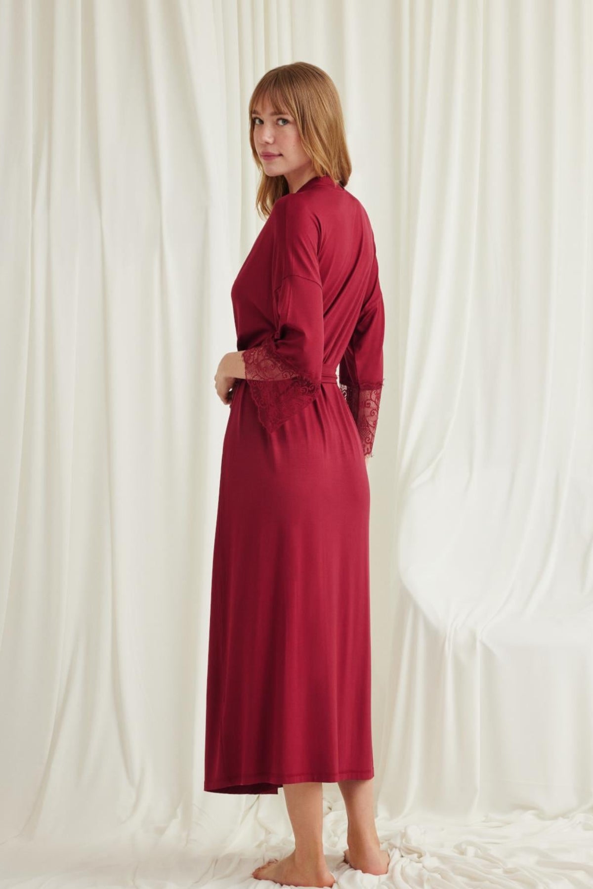 Lace Sleeve Soft Maternity Robe Red - E18554