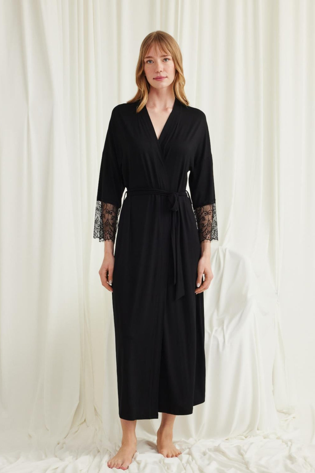 Lace Sleeve Soft Maternity Robe Black - E18555