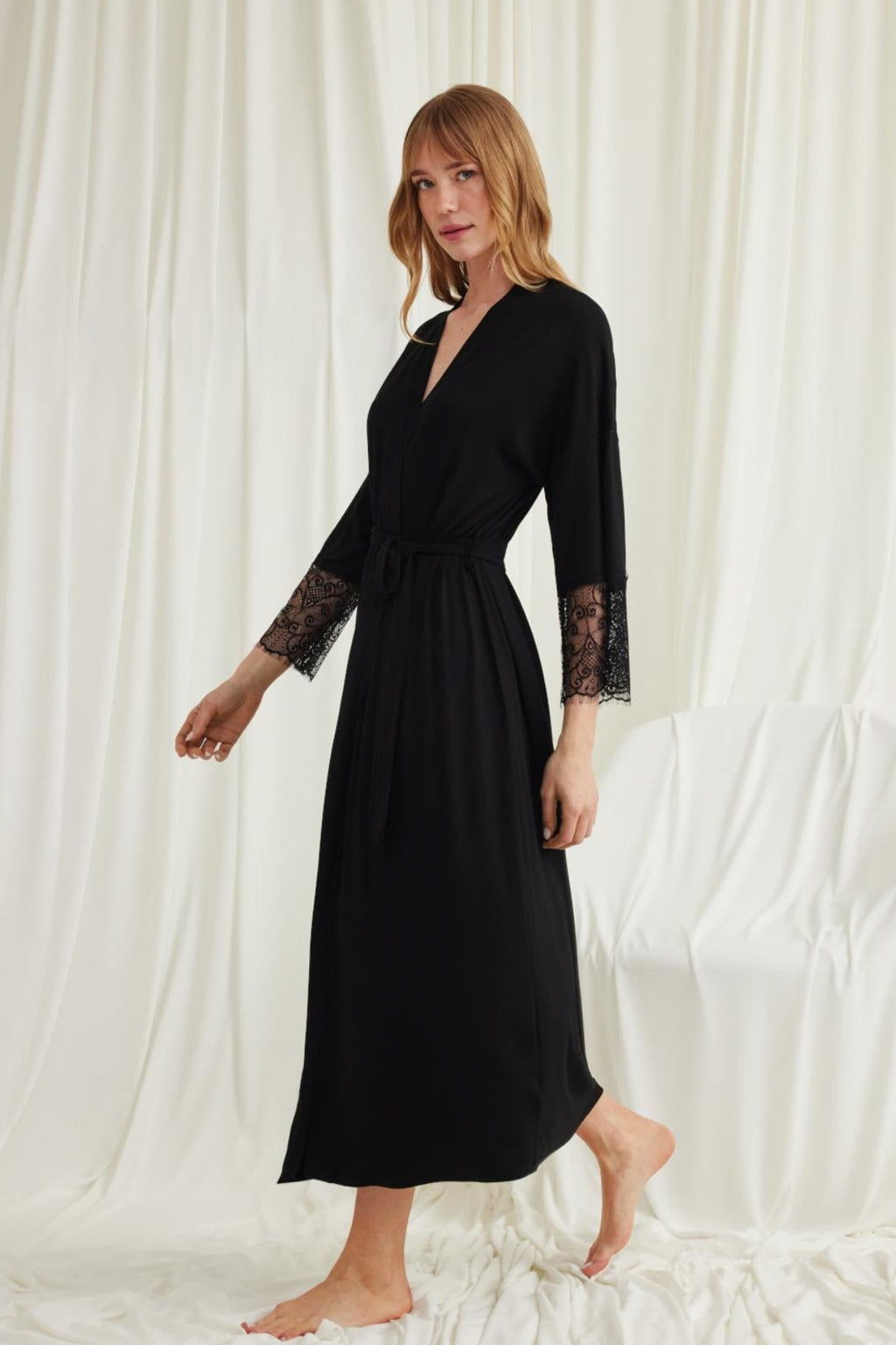 Lace Sleeve Soft Maternity Robe Black - E18555