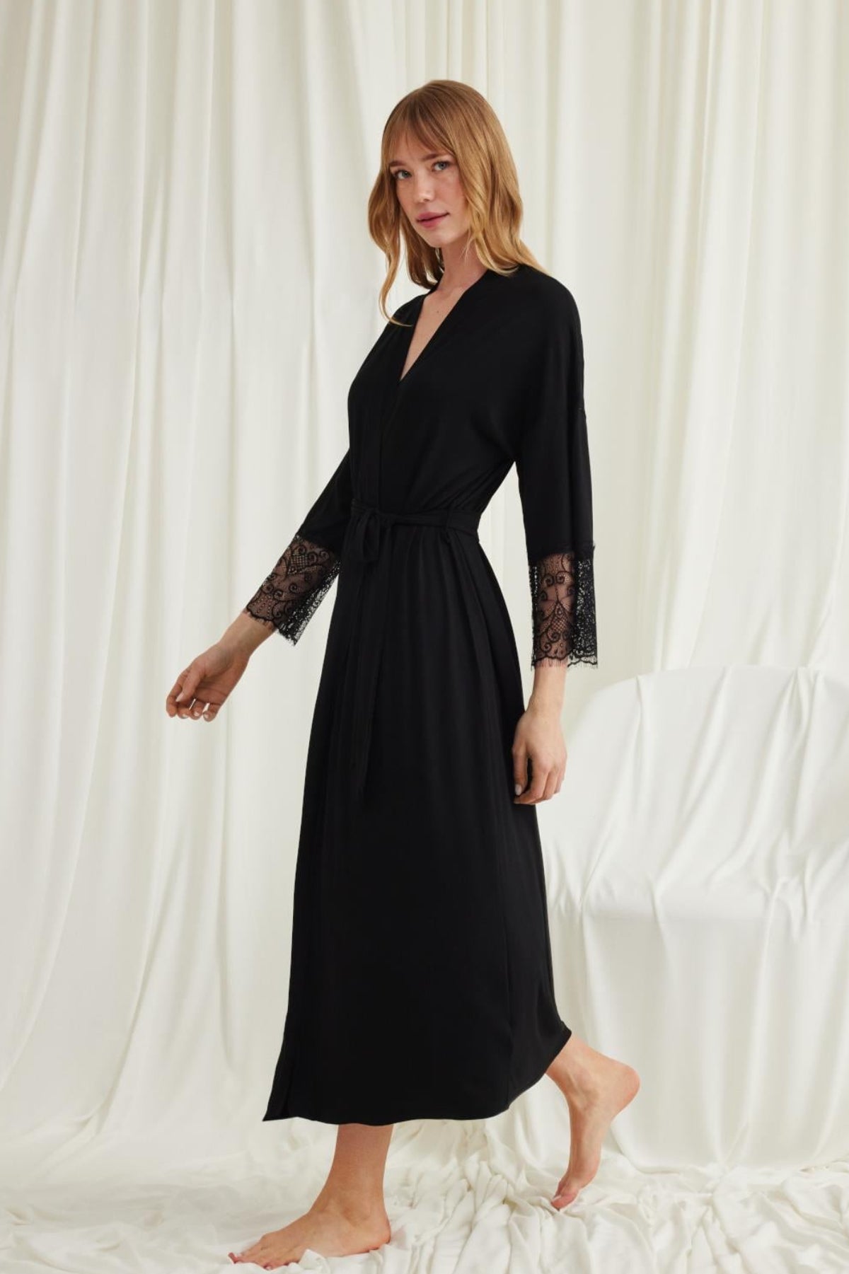 Lace Sleeve Soft Maternity Robe Black - E18555
