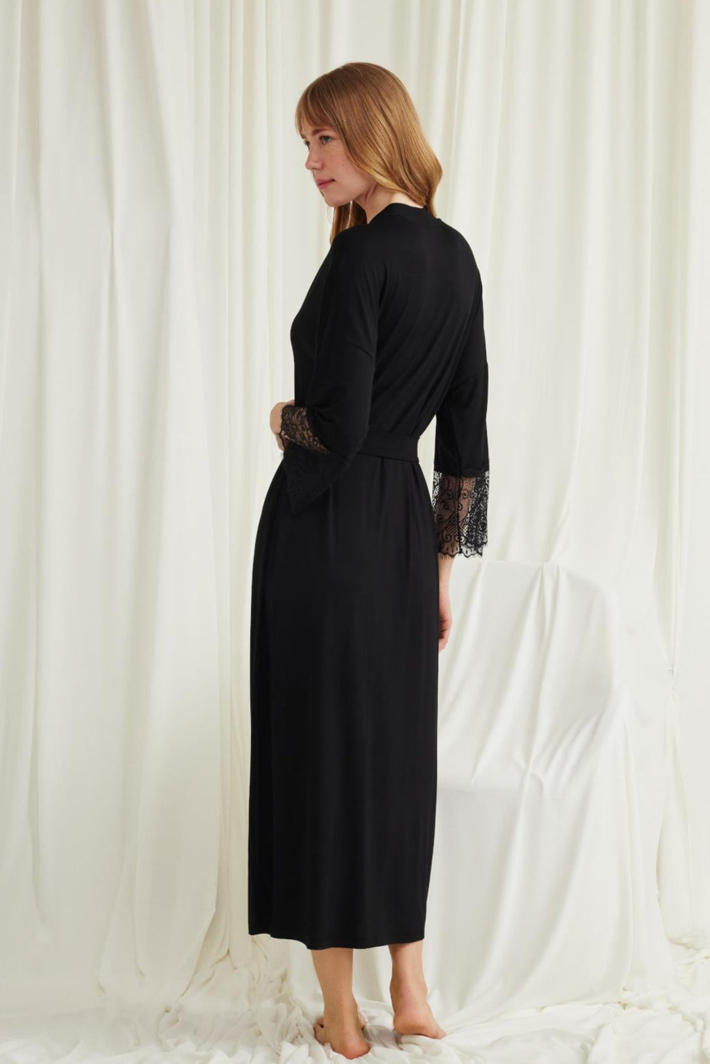 Lace Sleeve Soft Maternity Robe Black - E18555