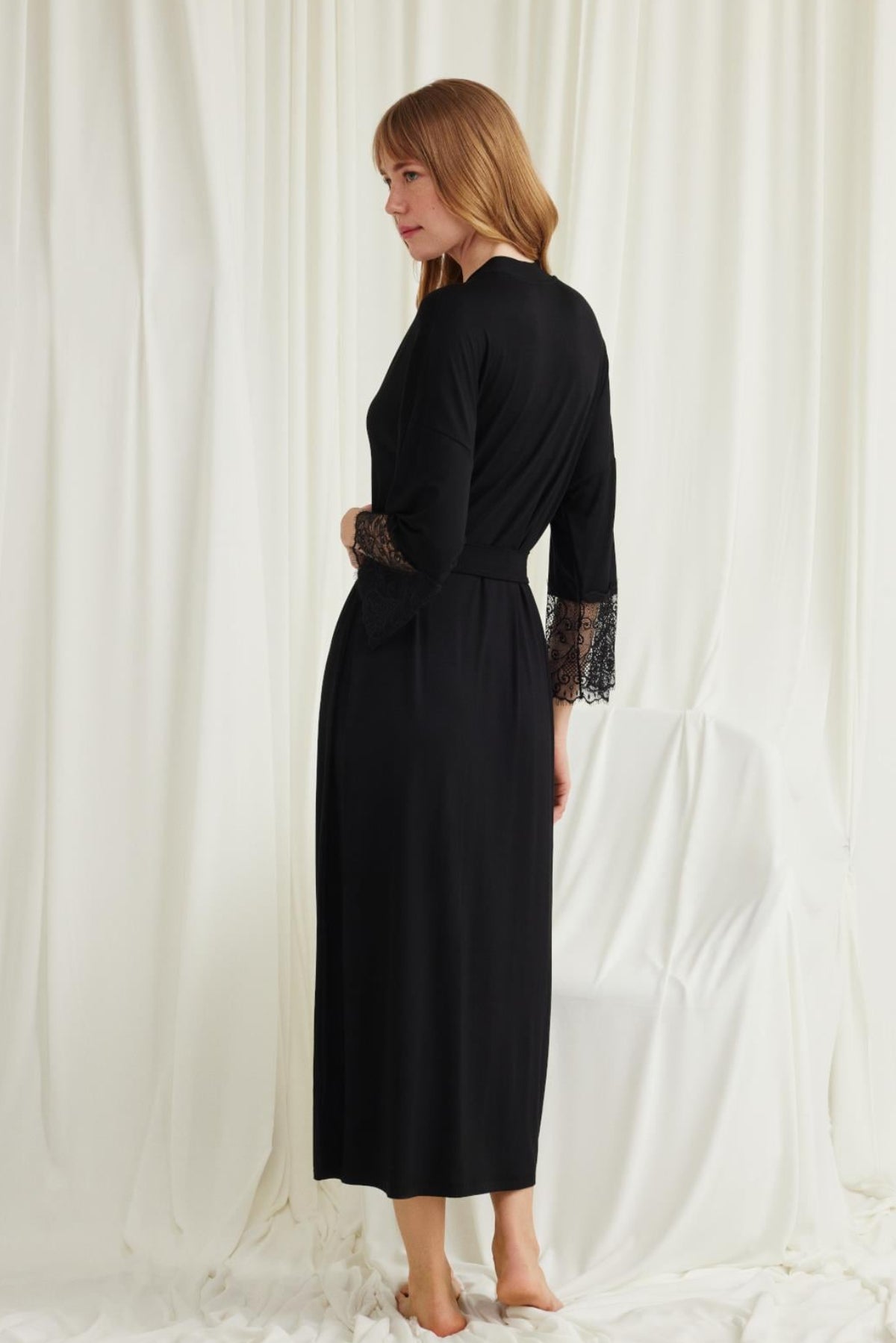 Lace Sleeve Soft Maternity Robe Black - E18555