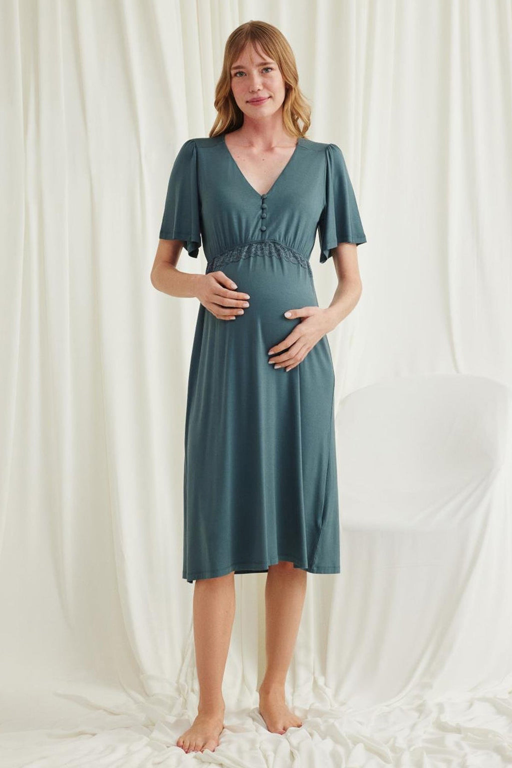 Lacy Panel Maternity Feeding-Friendly Nightgown Green - E18597
