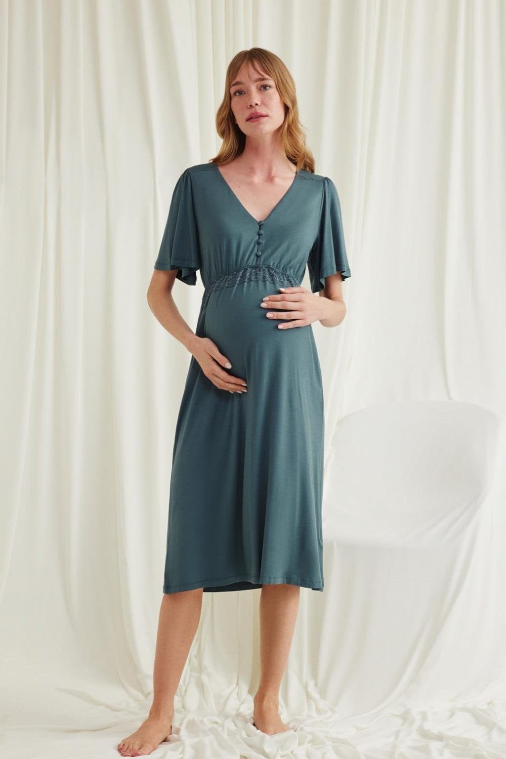 Lacy Panel Maternity Feeding-Friendly Nightgown Green - E18597