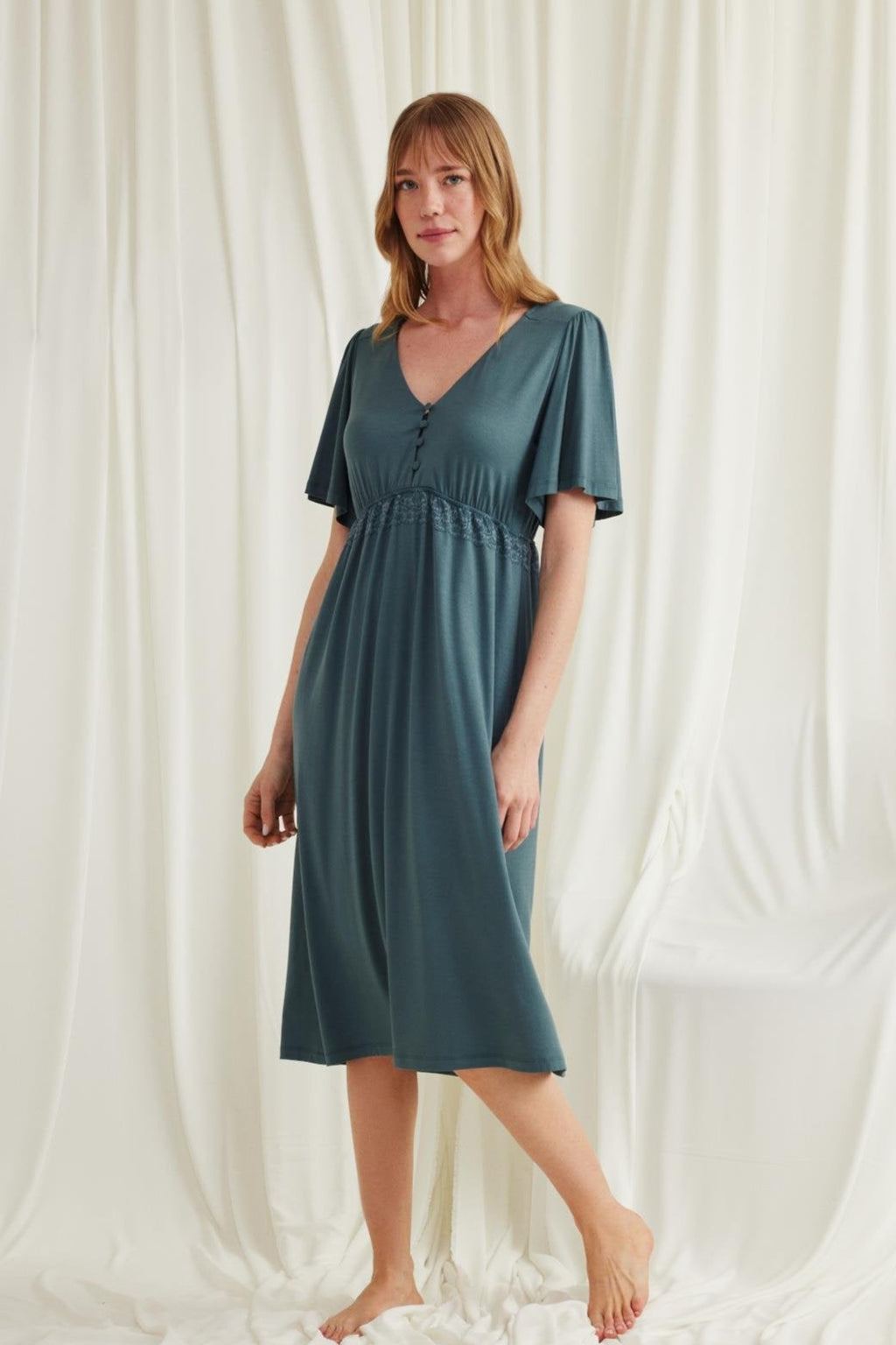 Lacy Panel Maternity Feeding-Friendly Nightgown Green - E18597