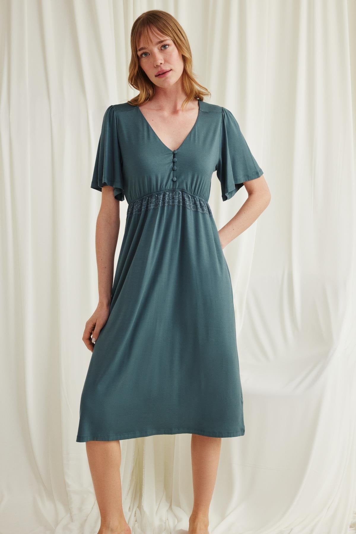 Lacy Panel Maternity Feeding-Friendly Nightgown Green - E18597