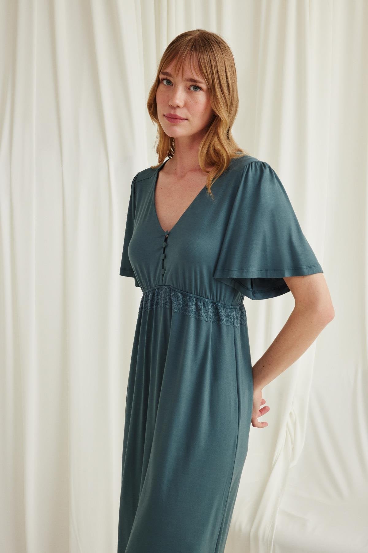 Lacy Panel Maternity Feeding-Friendly Nightgown Green - E18597