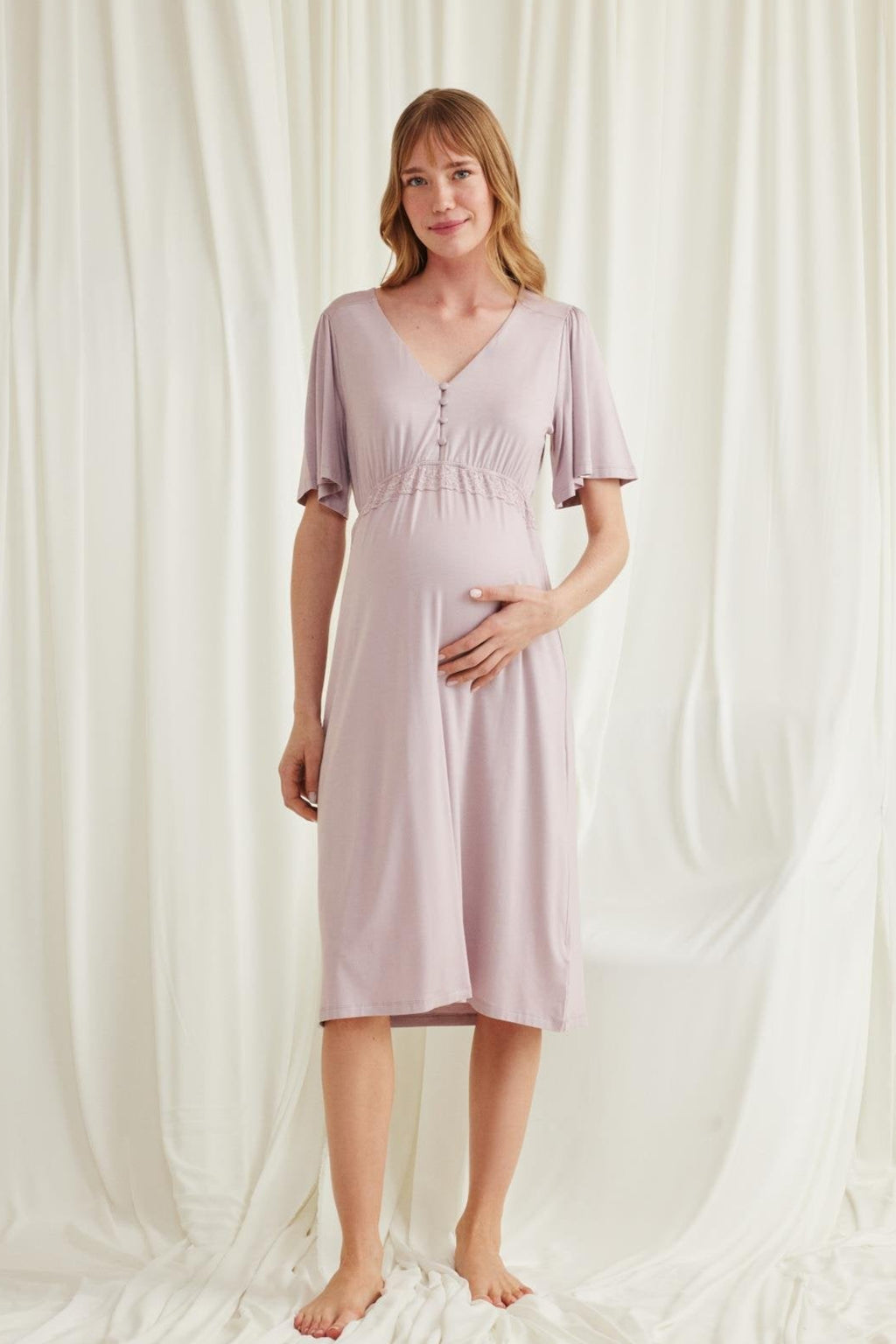 Lacy Panel Maternity Feeding-Friendly Nightgown Mink - E18599