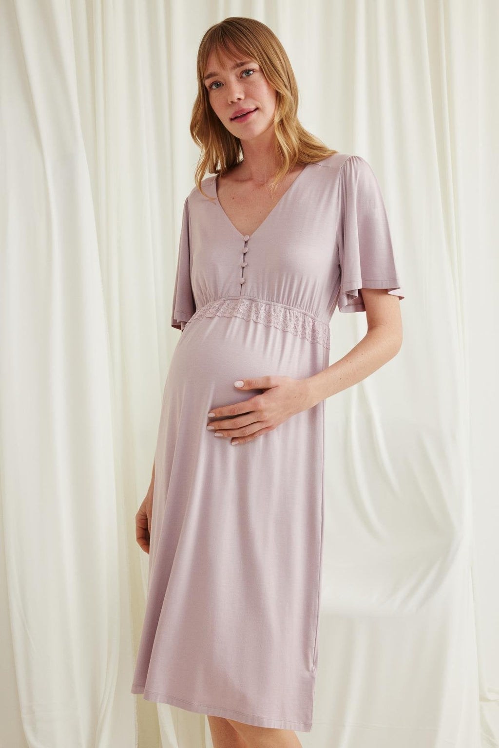 Lacy Panel Maternity Feeding-Friendly Nightgown Mink - E18599