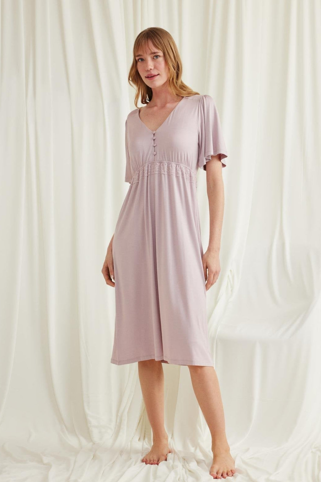 Lacy Panel Maternity Feeding-Friendly Nightgown Mink - E18599