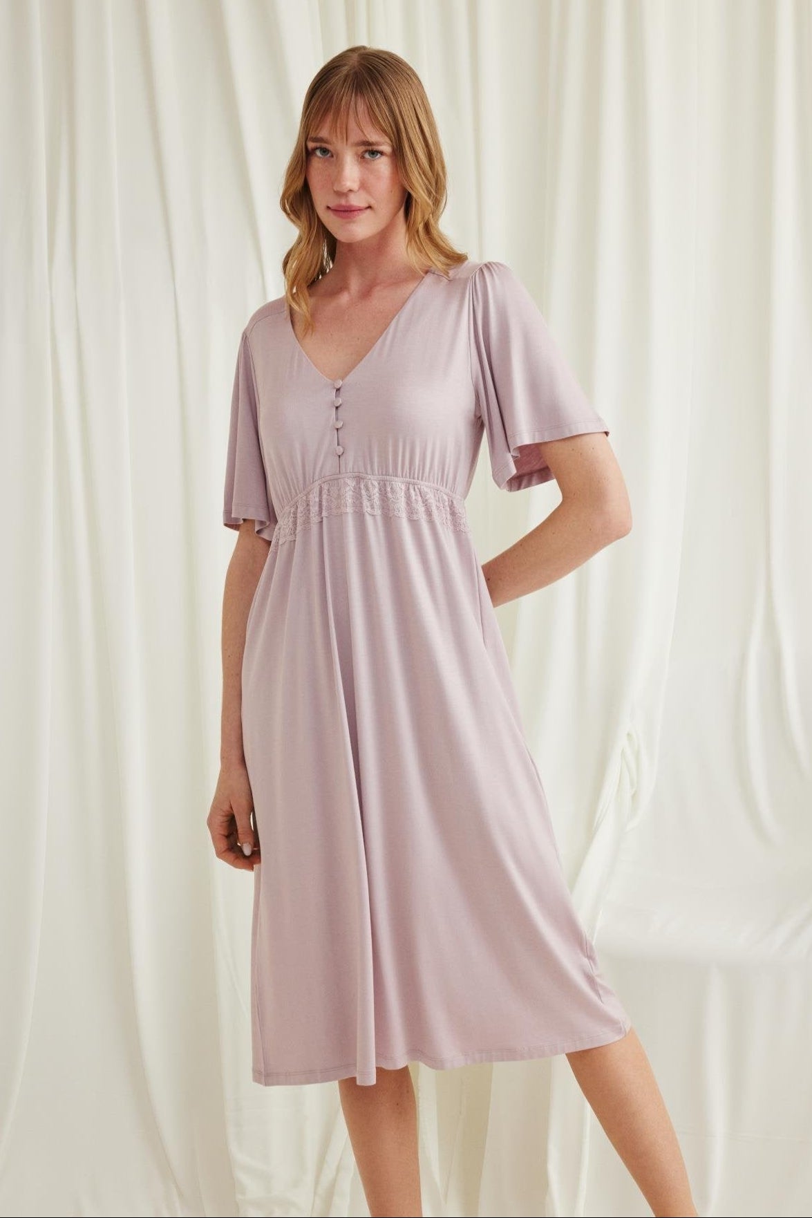 Lacy Panel Maternity Feeding-Friendly Nightgown Mink - E18599
