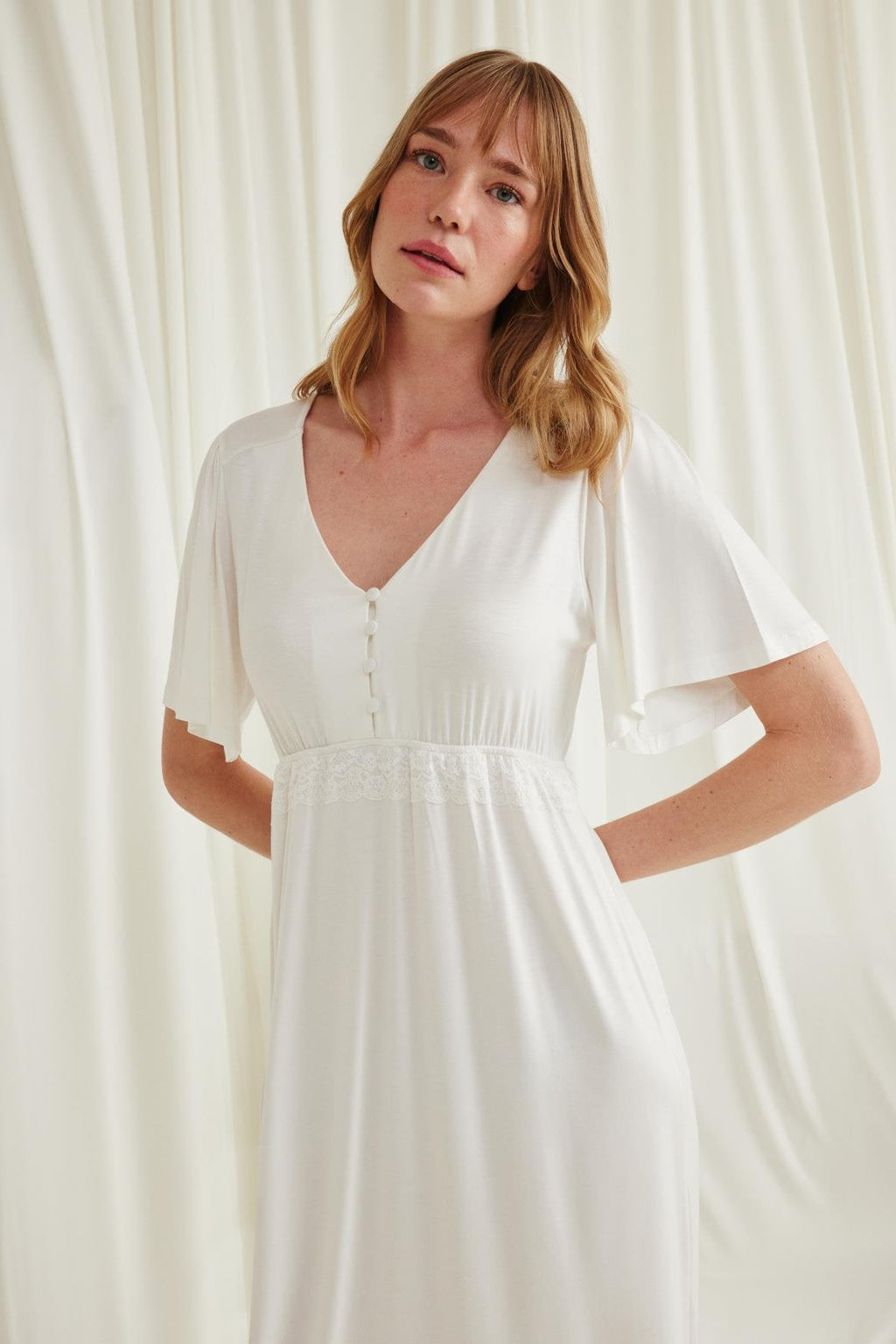 Lacy Panel Maternity Feeding-Friendly Nightgown Ecru - E18603