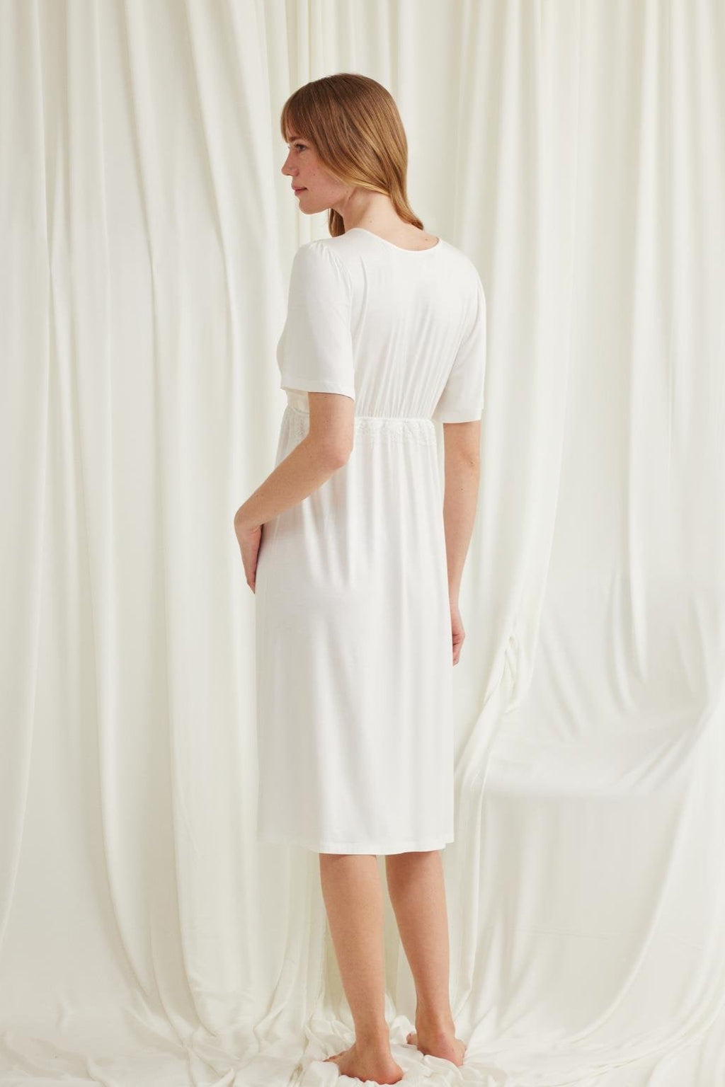 Lacy Panel Maternity Feeding-Friendly Nightgown Ecru - E18603