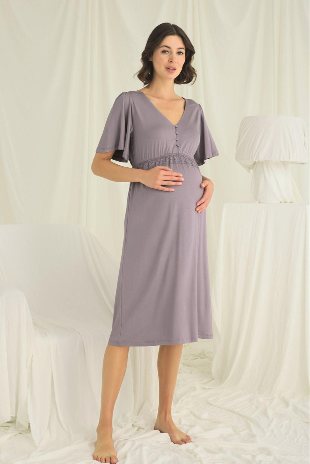 Lacy Panel Maternity Feeding-Friendly Nightgown Grey - E18642
