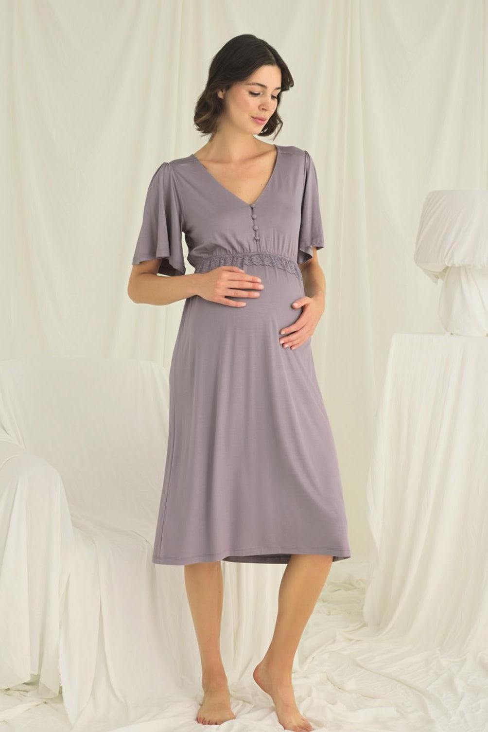 Lacy Panel Maternity Feeding-Friendly Nightgown Grey - E18642