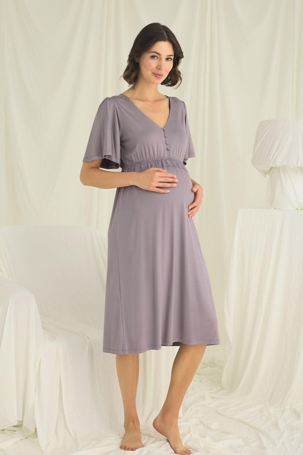 Lacy Panel Maternity Feeding-Friendly Nightgown Grey - E18642