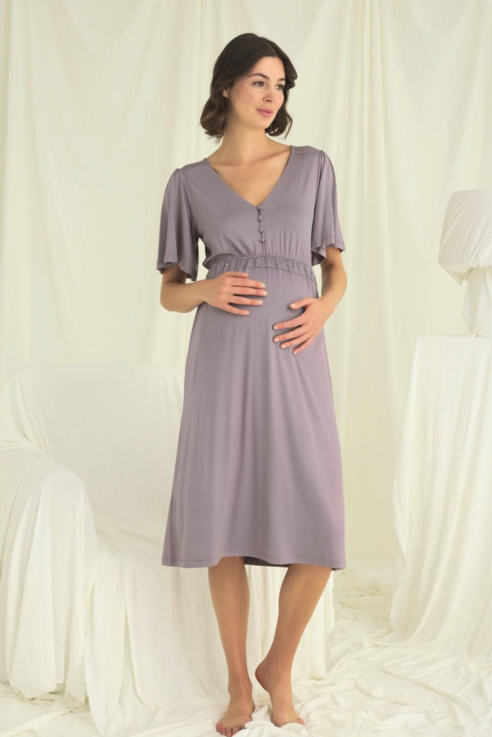 Lacy Panel Maternity Feeding-Friendly Nightgown Grey - E18642