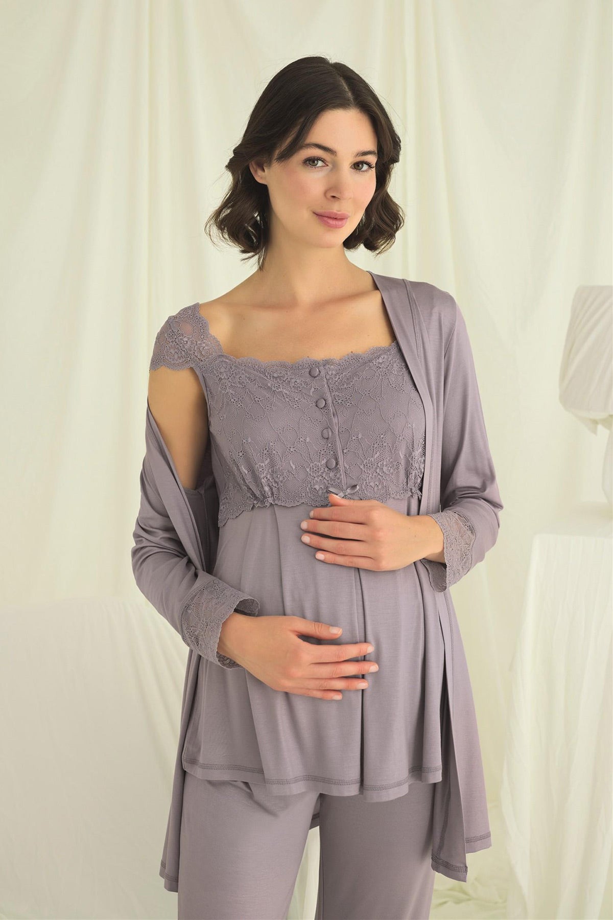 Lace Shoulder 3-Piece Maternity Feeding-Friendly Pajama & Robe Set Grey - E18669