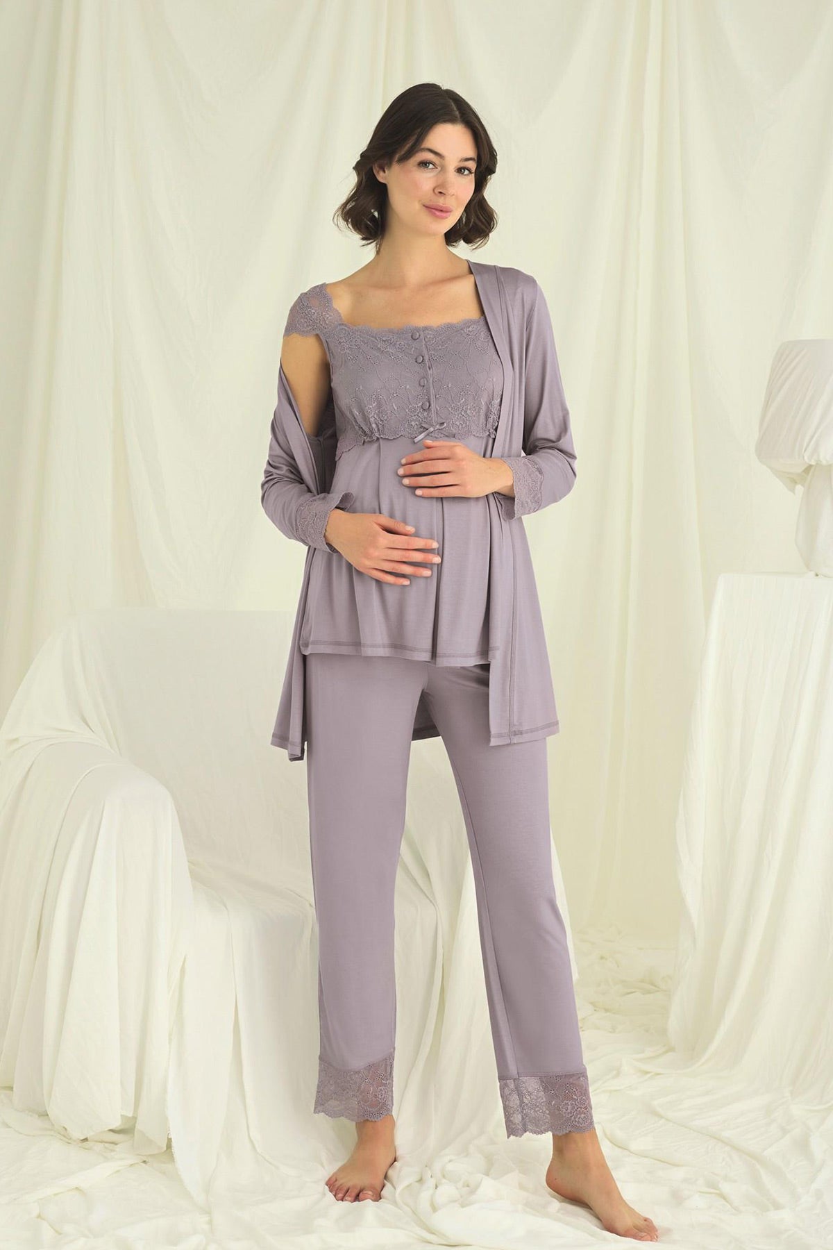 Lace Shoulder 3-Piece Maternity Feeding-Friendly Pajama & Robe Set Grey - E18669