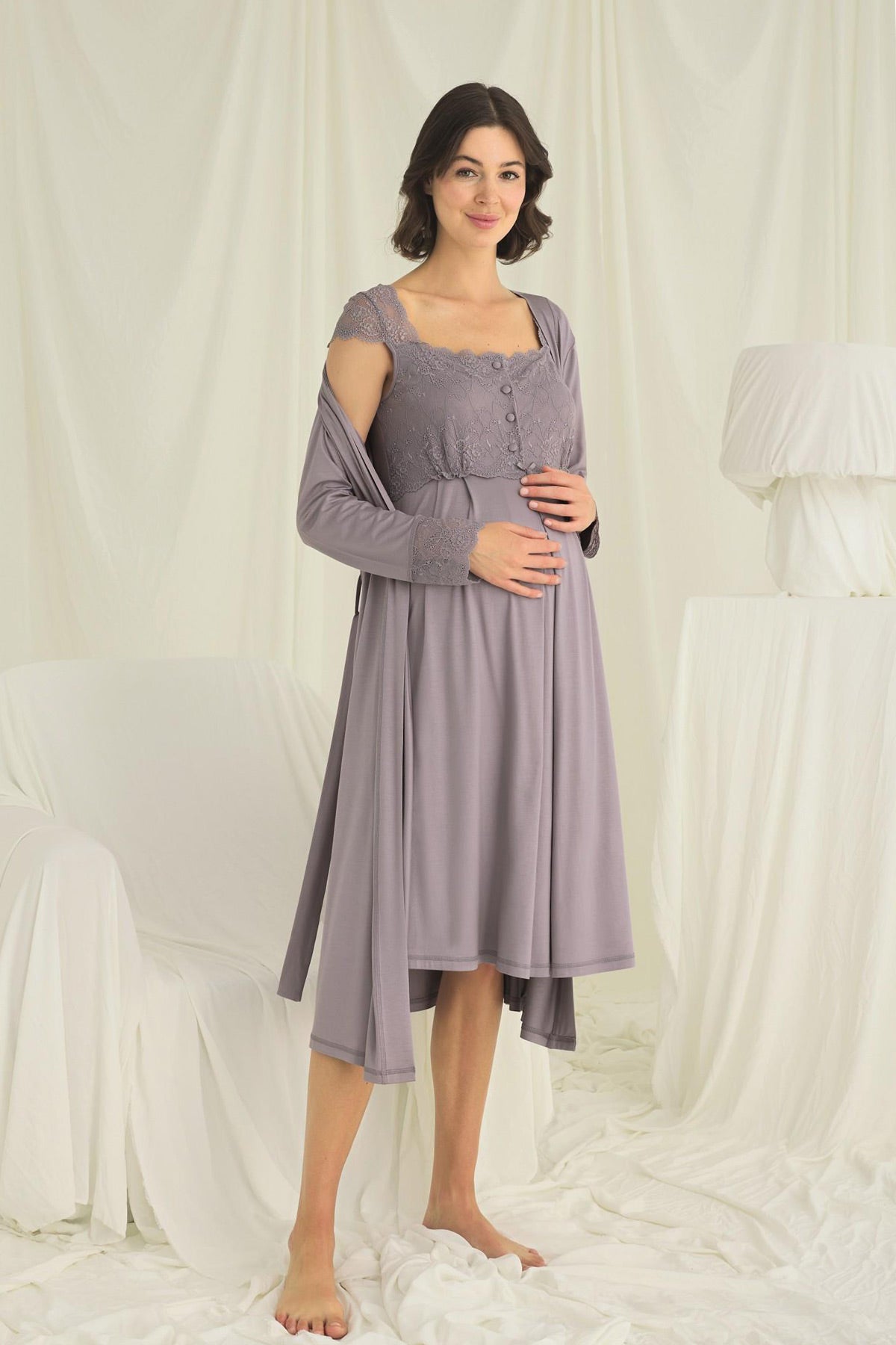 Lace Shoulder Maternity Feeding-Friendly Nightgown & Robe Set Grey - E18670