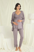Lace Strappy 3-Piece Maternity Feeding-Friendly Pajama & Robe Set Grey - E18671
