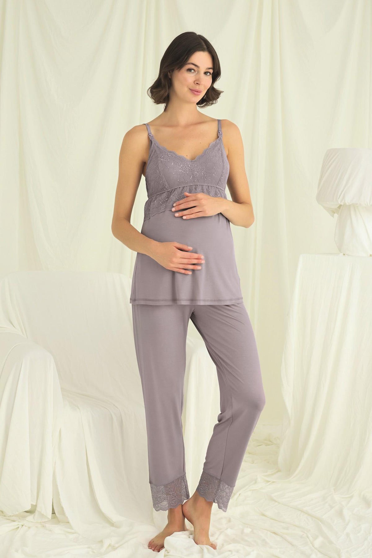 Lace Strappy 3-Piece Maternity Feeding-Friendly Pajama & Robe Set Grey - E18671
