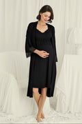 Lace Strappy Maternity Feeding-Friendly Nightgown & Robe Set Black - E18709