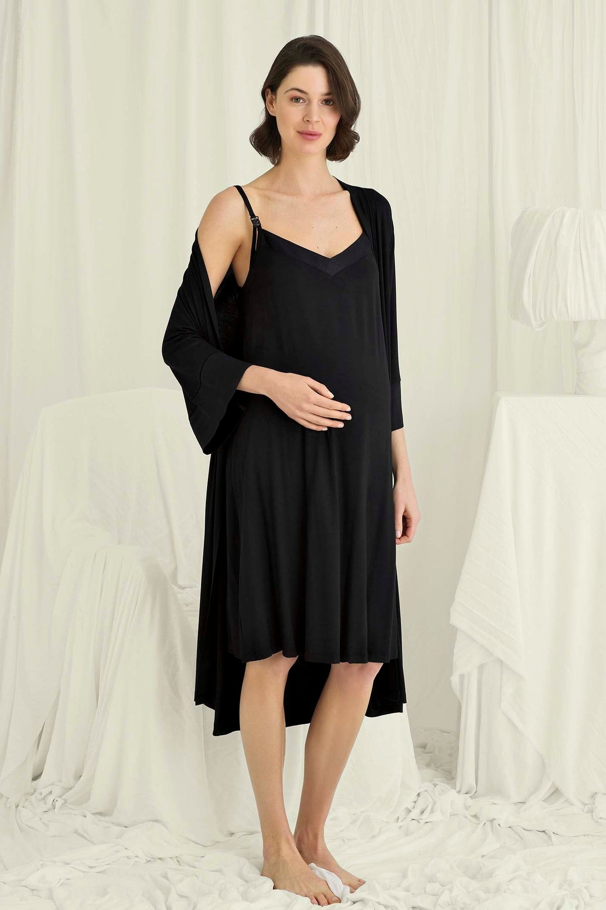 Strappy Soft Maternity Feeding-Friendly Nightgown & Robe Set Black - E18718