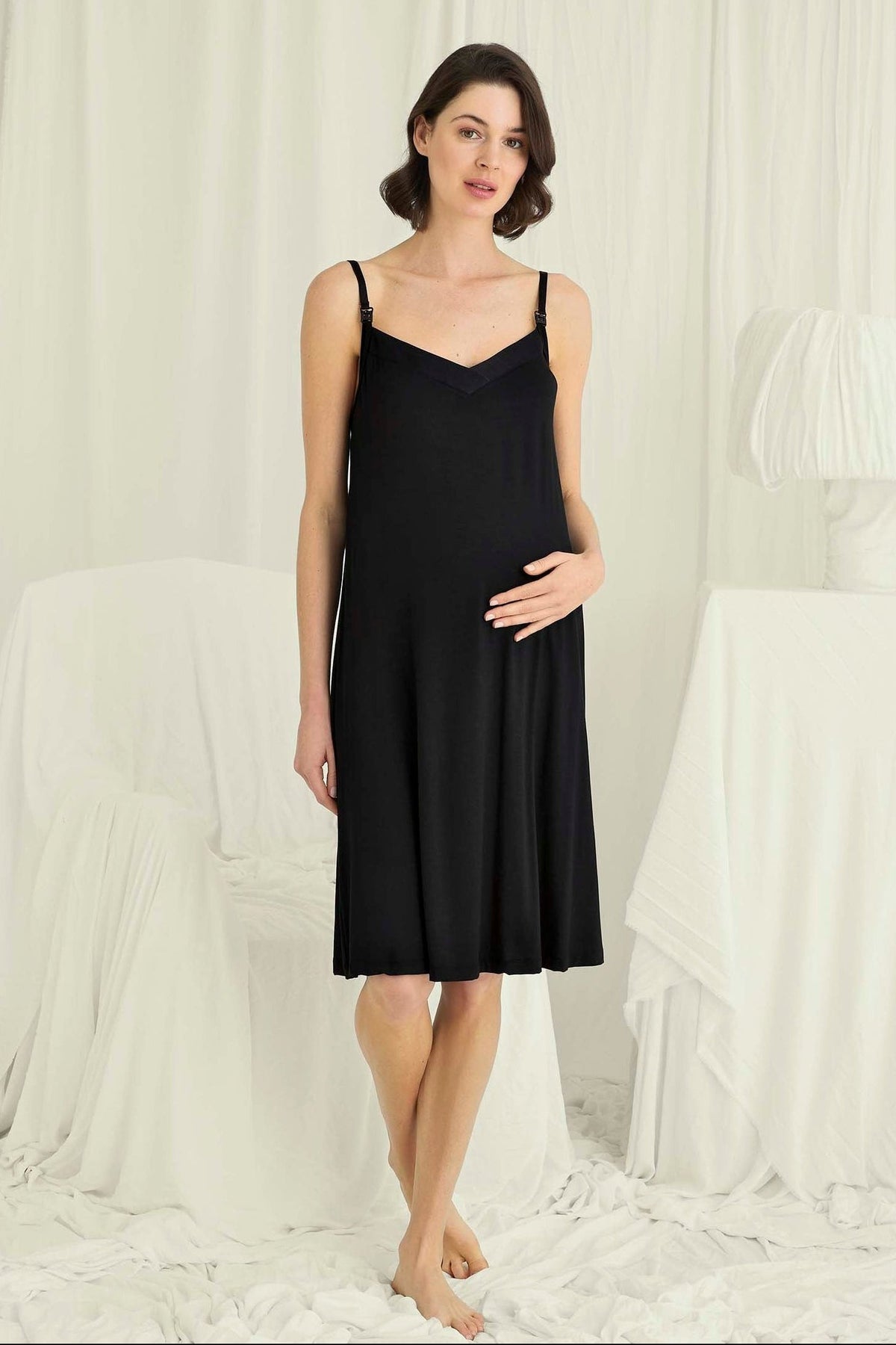 Strappy Soft Maternity Feeding-Friendly Nightgown & Robe Set Black - E18718