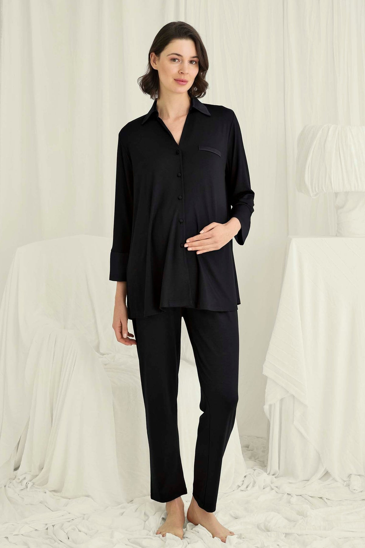 Satin-Trim Shirt Soft Maternity Feeding-Friendly Pajama Set Black - E18720